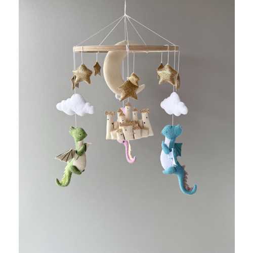 Dragon baby mobile, fairytale mobile nursery, dragon crib mobile, castle felt mobile, dragon baby shower theme