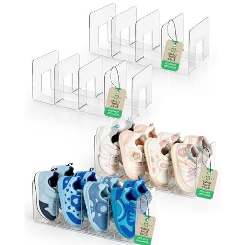 HAYVAN Kids Shoe Rack & Organizer, 4 Pack Clear Acrylic Baby Toddler Shoe Shelf, Stackable Closet Storage & Multi-Use Desk File Sorter Book Purse Organizer
