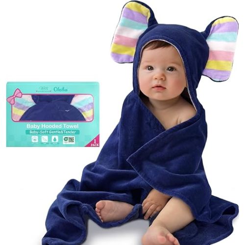 VOOVA & MOVAS Navy Baby Bath Towel with Cute Elephant Ears Hood – Super Absorbent, 100% Cotton, 420GSM – 33" x 31.5", Pink – Thick Towel for 0–18 Months – Newborn, Toddler, Infant, Baby Essentials