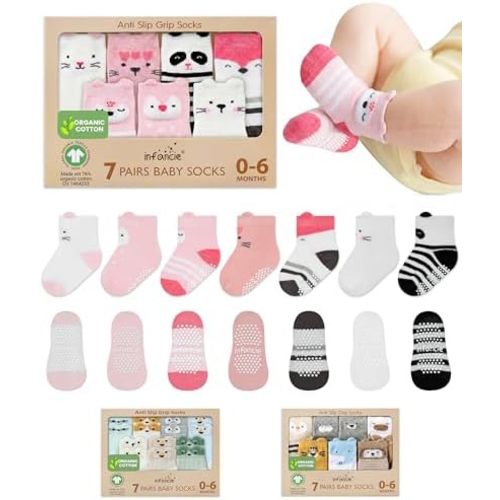 Organic Cotton GOTS Certified Non-Slip Baby Socks 0-6 Months - 7 Pairs Soft Breathable Newborn Socks Animal Design For Infant