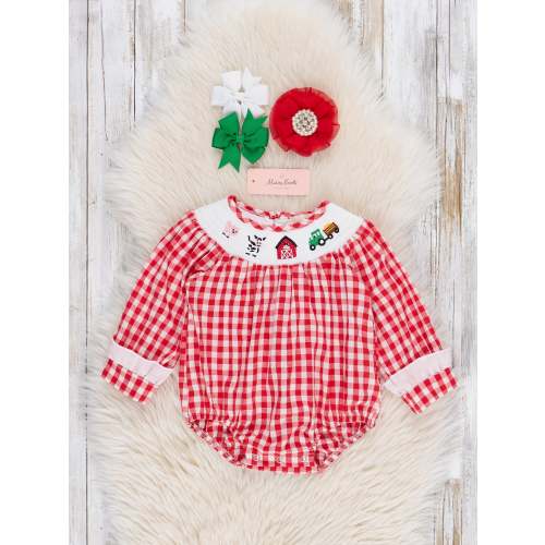 Smocked Embroidered Gingham Barnyard Bubble Romper