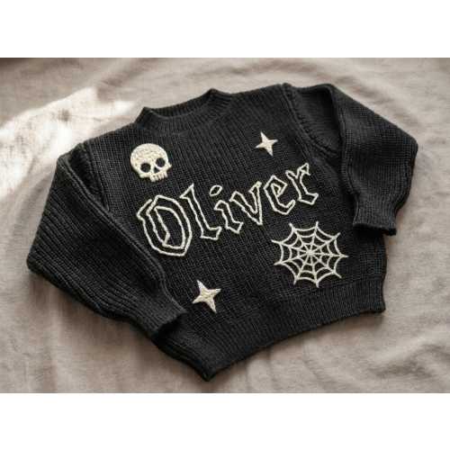 Personalized Gothic Baby Sweater, Hand-Embroidered Goth Skull Name, Spooky Gift