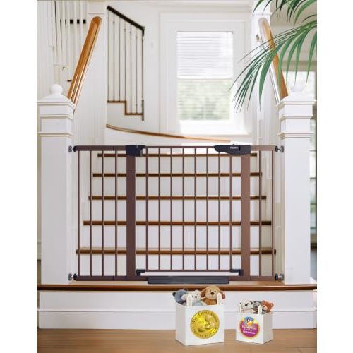 Cumbor 30-48 in Baby Gate for Stairs, Auto Close Dog Gate Indoor, Brown | Mom's Choice Awards Winner, Double Lock Safety for Doorways, One-Hand Open Child Gate for Toddlers & Pets, Pressure Mounted