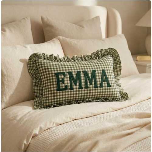 Personalized Gingham Ruffle Pillow,Custom Baby Name Cushion,Nursery Decor Gift,Embroidered Kids Pillow, Baby Shower Gift,Girls Bedroom Decor