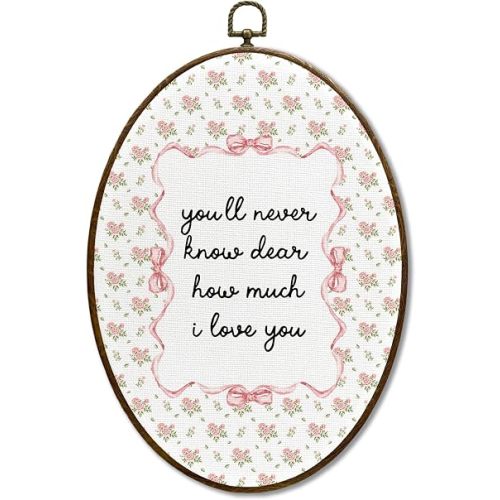 JQF Pink Floral Nursery Oval Wall Decor, Coquette Bow Cottagecore Oval Canvas Wall Art, You'll Never Know Dear How Much I Love You Framed Prints Hanging Decor for Girls Room Bedroom, 8.5x11.5 Inch