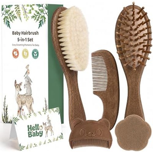 5 Piece Baby Hair Brush Set, Wooden Baby Brush and Comb Set with Natural Soft Goat Hair Bristles, Cradle Cap Brush, Baby Essentials Grooming Kit for Boy Girl