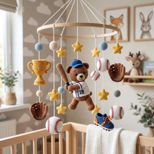 Baseball Baby Mobile, Crochet Sports Nursery Decor, Baseball Helmet and Jersey Baby Gift, Personalized Sports Nursery, Baby Shower Gifts