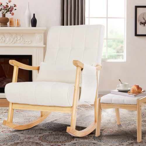 George Oliver Kelbie Upholstered Nursery Rocking Chair with Ottoman,Pillow,Storage Bag and Rubberwood Frame | Wayfair
