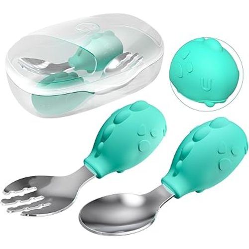 Deejoy Toddler Utensils - Stainless Steel Spoons and Forks, Kids Silverware Self Feeding Flatware Set with Travel Safe Case (Green)