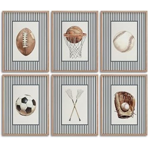 BVVEYKXX 6Pcs Vintage Sport Themed Framed Wall Art Retro Ball Sport Boy's Room Wall Decor, Children's Room Baseball Football Soccer Basketball Canvas Prints Picture for Kids Room Nursery Decor 8x10in