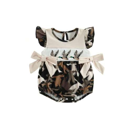 Baby Girls Rompers Wild Goose/Duck Embroidery Double Bowknot Round Neck Fly Sleeve Infant Bodysuits Jumpsuits | SHEIN USA