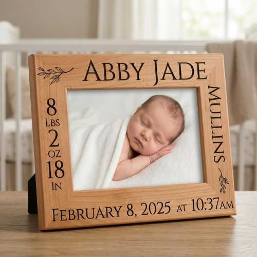 Personalized Baby Birth Stats Photo Frame, Laser Engraved Red Alder Wood
