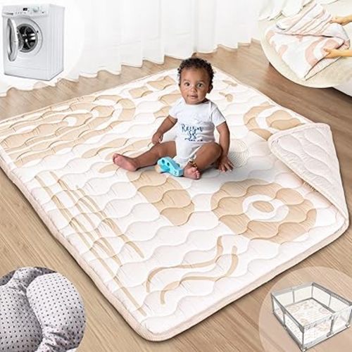 Baby Play Mat, 50x50 Mat with Super Soft Touch, Activity Mat with Upgraded Anti-Slip Bottom, Machine Washable Crawling Mat for Floor & Picnic(Beige Line)