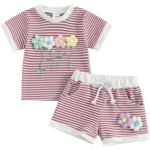 Toddler Baby Girl Outfits Floral Summer Clothes Infant Spring Waffle Short Sleeve Shirt Tops Cute Shorts Set