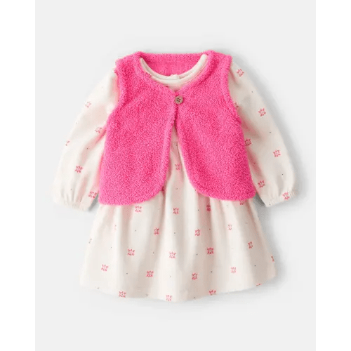 Baby Girl 2-Piece Floral Motif Sherpa Long-Sleeve Dress Set - White/Pink | Carter's