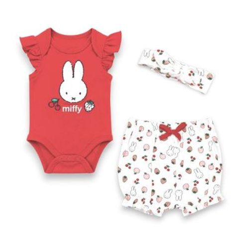 Miffy Baby Girls' 3-Piece Outfit Bodysuit, Bloomer Shorts & Headband Set, Red/White-Fruits, 6 Months