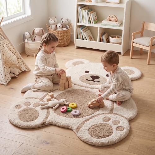 Teddy Bear Nursery Rug, Hand Tufted Wool Kids Rug, Neutral Bear Playroom Carpet, Baby Shower Gift