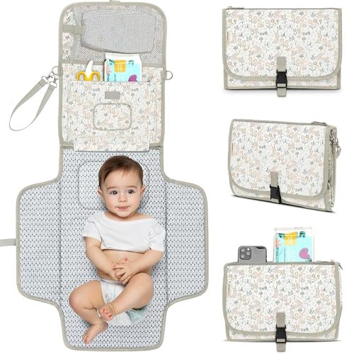 KeaBabies Portable Diaper Changing Pad - Large Waterproof Baby Changing Mat, Compact Travel Diaper Clutch, Functional Pockets Fit Newborn Essentials, Wipeable & Padded Baby Changer (Prairie)