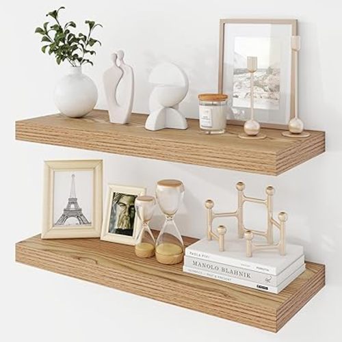 Acovy 24 Inch Floating Shelves, 9.3" Deep Floating Shelf Wall Mounted, 24" Wall Shelves, Rustic Deep Bookshelf, Large Display Shelves & Storage Shelves for Bedroom, Living Room, Light Brown, Set of 2