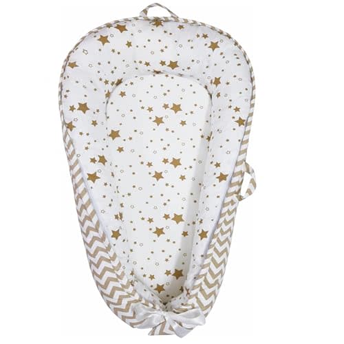Aila + Aiden Baby Lounger | Organic Cotton Infant Lounger | Reversible, Adjustable & Portable Floor Lounger |Supervised Use | Soft, Breathable, Washable Cover - Star Collection (White/Tan)