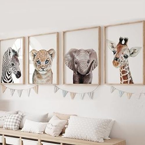 KIU DESIGNS Nursery Wall Art - Unframed Safari Nursery Decor - Set of 4 Animal Wall Decor Gift for Baby - Safari Portrait - 8"x10"