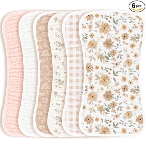 Konssy 6 Pack Large Muslin Baby Burp Cloths and Burp Rags Set for Newborn | 100% Cotton, Super Soft & Absorbent, Shrink Resistant, Easy to Wash & Dry, Suitable for Unisex Boys & Girls (Floral)