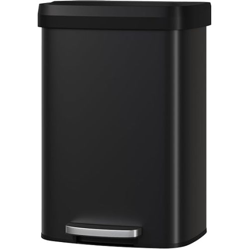 Garvee 13 gal / 50 L Metal Trash Can with Lid, Large Garbage Can for Kitchen, Rustproof Step-on Kitchen Metal Trash Bin with Liner Rim, Rear Handle, Soft Close Plastic Lid, Black