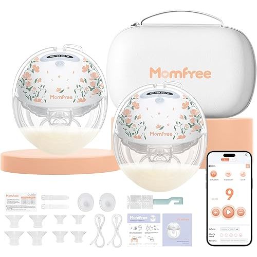 Breast Pump Hands-Free F6: Wearable Breastfeeding Pumps App Control with 3 Modes & 9 Levels Independent Breastmilk Storage Upgraded- 24/21/19/17/15mm Double-Sealed Silicone Cushion Insert Floral