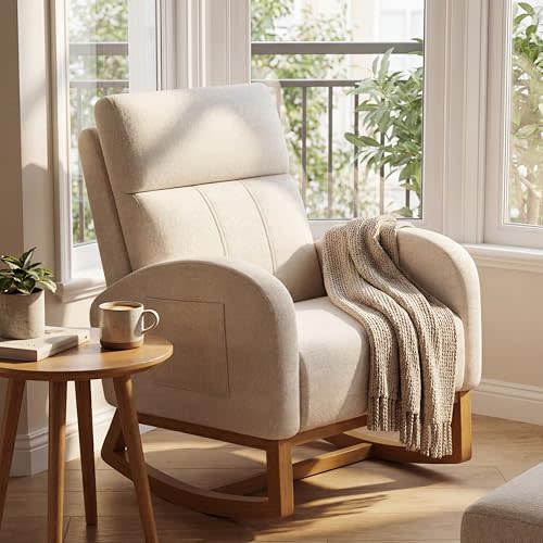 Gaussen Glider Rocking Chair Nursery Comfy Accent Chair with High Backrest Upholstered Living Room Chairs with Side Pocket Armchair Reading Chair for Bedroom Nursery Office, Cream