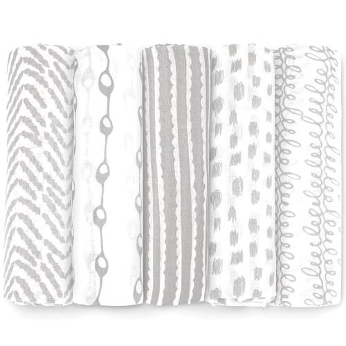 Swaddle Blankets for Newborn, 5 Pack Receiving Blanket, Muslin Blanket Swaddles Wrap for Girls, Baby Essentials, 47x47 Inches Large Size, 100% Cotton - Grey-White