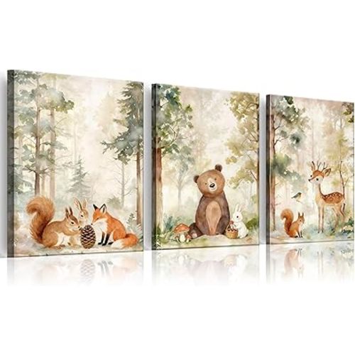 Woodland Animal Nursery Canvas Wall Art Set of 3, Squirrel Bear Deer Canvas Prints Watercolor Animals Paintings, Ready to Hang Baby Room Decor for Boys Girls Toddler Kids Bedroom Home Decoration
