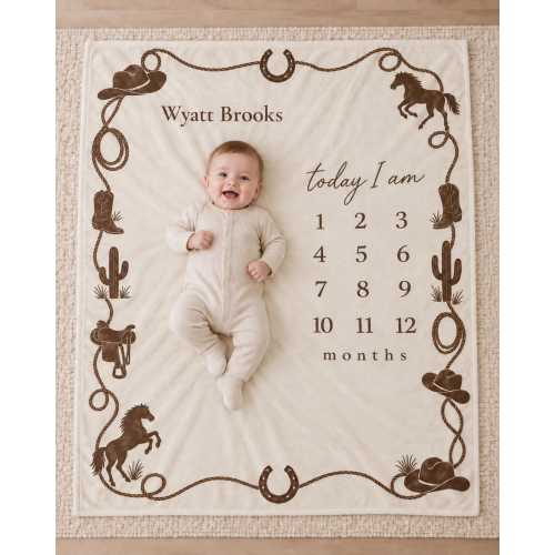 Personalized Cowboy Baby Milestone Blanket, Western Monthly Photo Blanket, Rustic Baby Boy Keepsake, Custom Name Nursery Gift