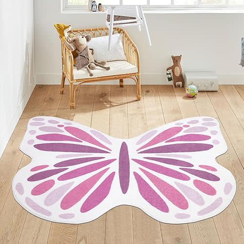 Topotdor Cute Butterfly Kids Rugs for Girls Bedroom, Toddler Nursery Rug Soft Washable Kids Area Rug for Butterfly Living Room Playroom Decor, Pink 35 x 43 inch