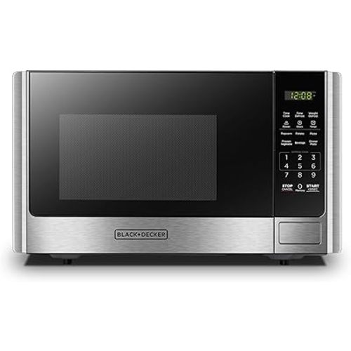 BLACK+DECKER Digital Microwave Oven with Turntable Push-Button Door, Child Safety Lock, Stainless Steel, 0.9 Cu Ft