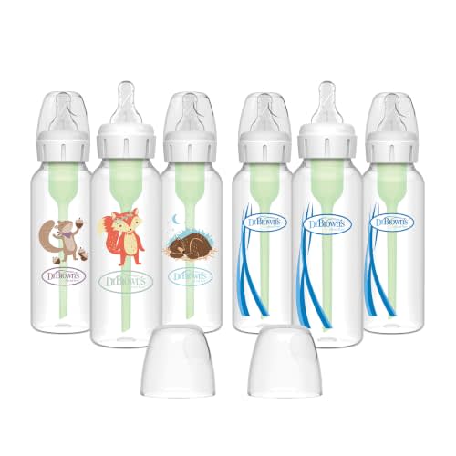 Dr. Brown’s Natural Flow® Anti-Colic Options+™ Narrow Baby Bottles 8 oz/250 mL, with Level 1 Slow Flow Nipple, 6 Pack, 0m+ Woodland Animals Gift Set