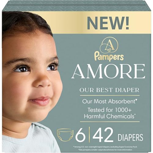 Pampers Amore, Size 6 (23-44 lbs), 42 Count, Our Best Diaper – Hypoallergenic & Fragrance Free, Up to 100% Leakproof, Soft as Cashmere