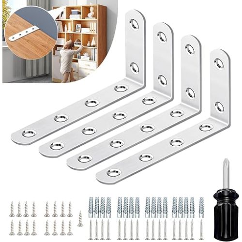 Anti-Tip Furniture Brackets for Baby Proofing – Heavy-Duty Wall Anchors to Secure Dresser, Bookshelf, Cabinet & Shelf (4 Items)