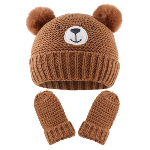 Cute Bear Baby Beanie Pompom Baby Hat Mittens Set Infant Toddler Beanie for Boys Girls