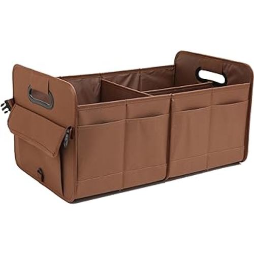 Car Trunk Organizer, Brown, Foldable, Non-slip, Adjustable, Multiple Compartments, 600D Oxford Cloth Material