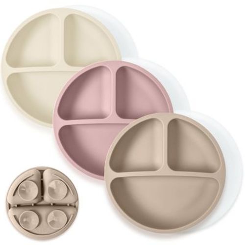 WeeSprout Suction Plates for Babies & Toddlers 100% Silicone Divided Design - With Lids, 3 Pack (Matte Tan, Off White & Pink)
