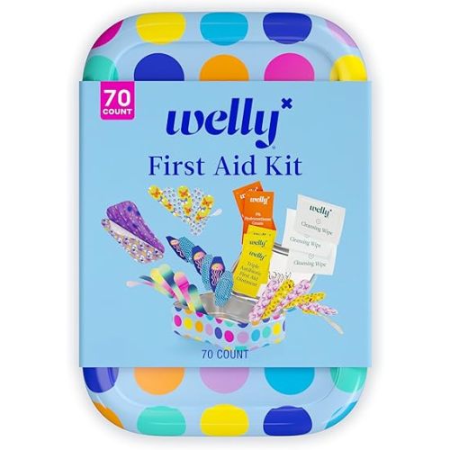 Welly First Aid Kit - Adhesive Bandages in Flexible Fabric and Waterproof, Singe Use Ointments (Triple Antibiotic, Cleansing Wipes and Hydrocortisone) - 70 Count