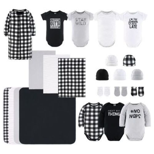 The Peanutshell Cotton Unisex Layette Set - Black & White Check, 23-Pieces, 0-3 Months