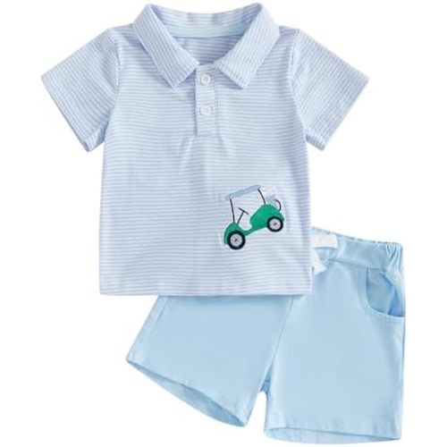 Toddler Baby Boy Golf Outfit Golf Cart Stripes Short Sleeve Button Down T-Shirt Tops Shorts Summer Clothes