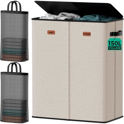 150L 2-Section Laundry Hamper with Lid – Removable Bag, Double Compartment Clothes Hamper for Bathroom, Bedroom, Dorm & Laundry Room