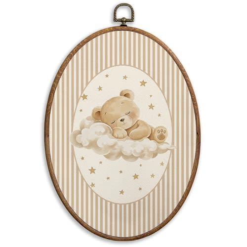 SONMYSULIL Bear Nursery Wall Art Decor, Kids Room Oval Wall Hanging Decor, Cute Sleepy Bear Striped Framed Canvas Prints for Kids Toddler Boy Girl Nursery Room Bedroom Playroom, 8.6x11.4 Inch