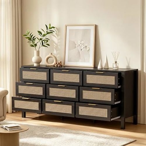9 Drawer Dressers for Bedroom, Rattan Dresser with Drawers, Modern Wood Dresser with Metal Handles, Chest of Drawers for Bedroom, Living Room, Entryway (Black-9 Drawer)