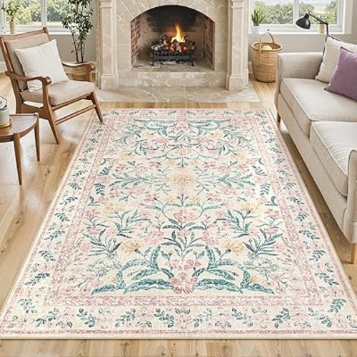 Lahome Pink Washable Rugs for Bedroom Girls 6x9, Boho Floral Living Room Rugs Non-Slip, Soft Low-Pile Nursery Carpet for Dining Room Kids Room Dorm, Blush
