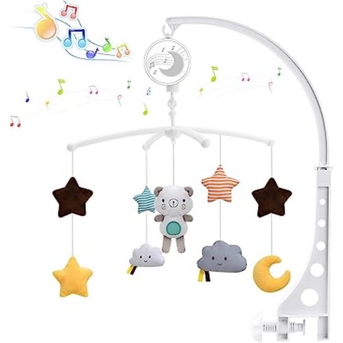 Baby Musical Crib Mobile, Nursery Mobile with Hanging Rotating Plush Toys, Infant Bed Decoration for Newborn Boys Girls, Bear