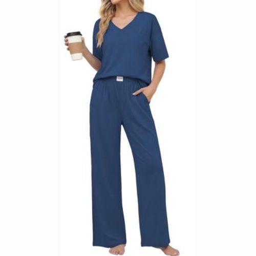 Ekouaer Women' Cotton Pajama Sets Soft Short Sleeve Pjs Long Pants Set Breathable Sleepwear Loungewear Navy XL