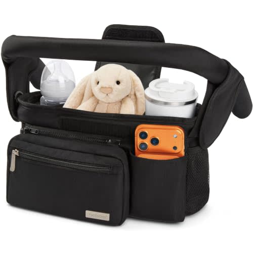 KeaBabies Stroller Organizer Bag, Stroller Caddy, Cup Holder (Matte Black) | Stroller Bag Organizer, Wagon Accessories, Stroller Diaper Bag, Stroller Storage Bag, Universal Baby Stroller Caddy Basket
